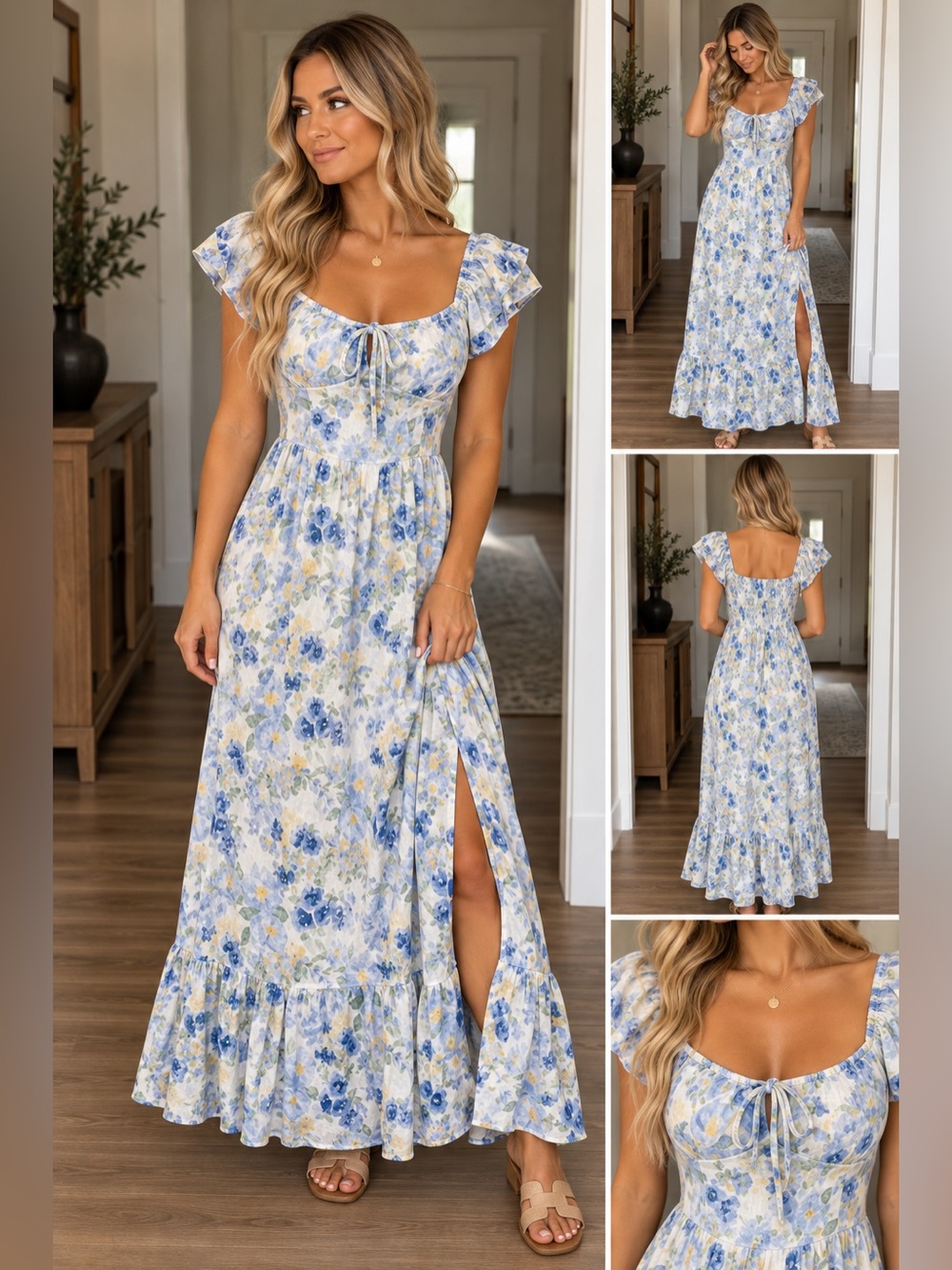 Hollister White Maxi Dress with Blue and Yellow Floral Print
